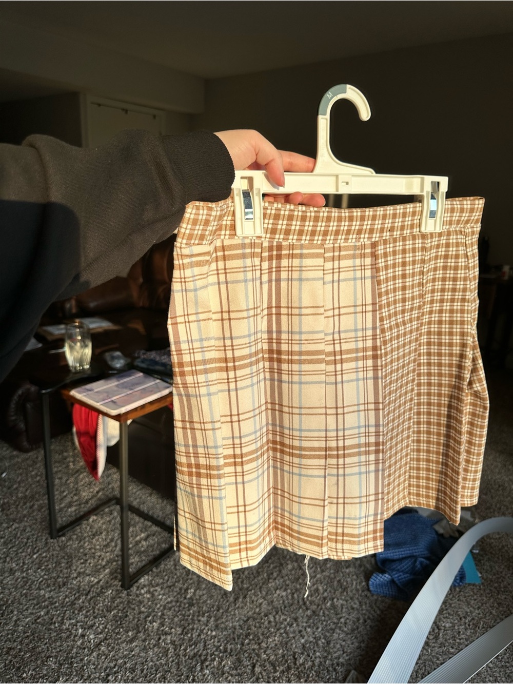 Plaid Mini Skirt in Beige, Brown, and Blue